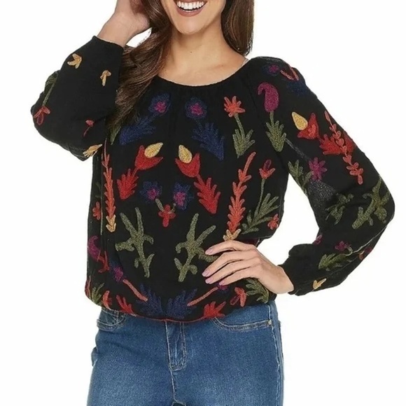 Laurie Felt Embroidered Peasant Blouse Top Blue Multi Floral Large - Picture 10 of 10